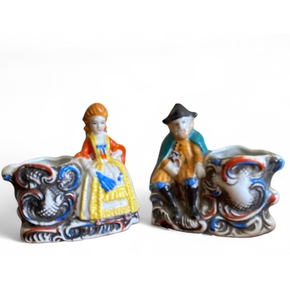 Vintage Made in Japan Colonial Couple Porcelain Toothpick Holders Figurine pair